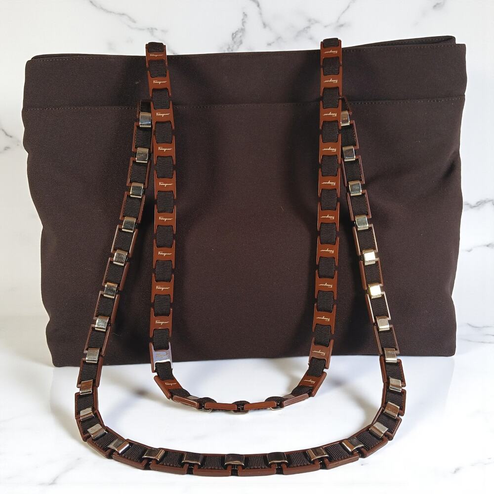 Authentic Salvatore Ferragamo Vala Tote Brown Canvas Chain Strap MSRP $950 & COA